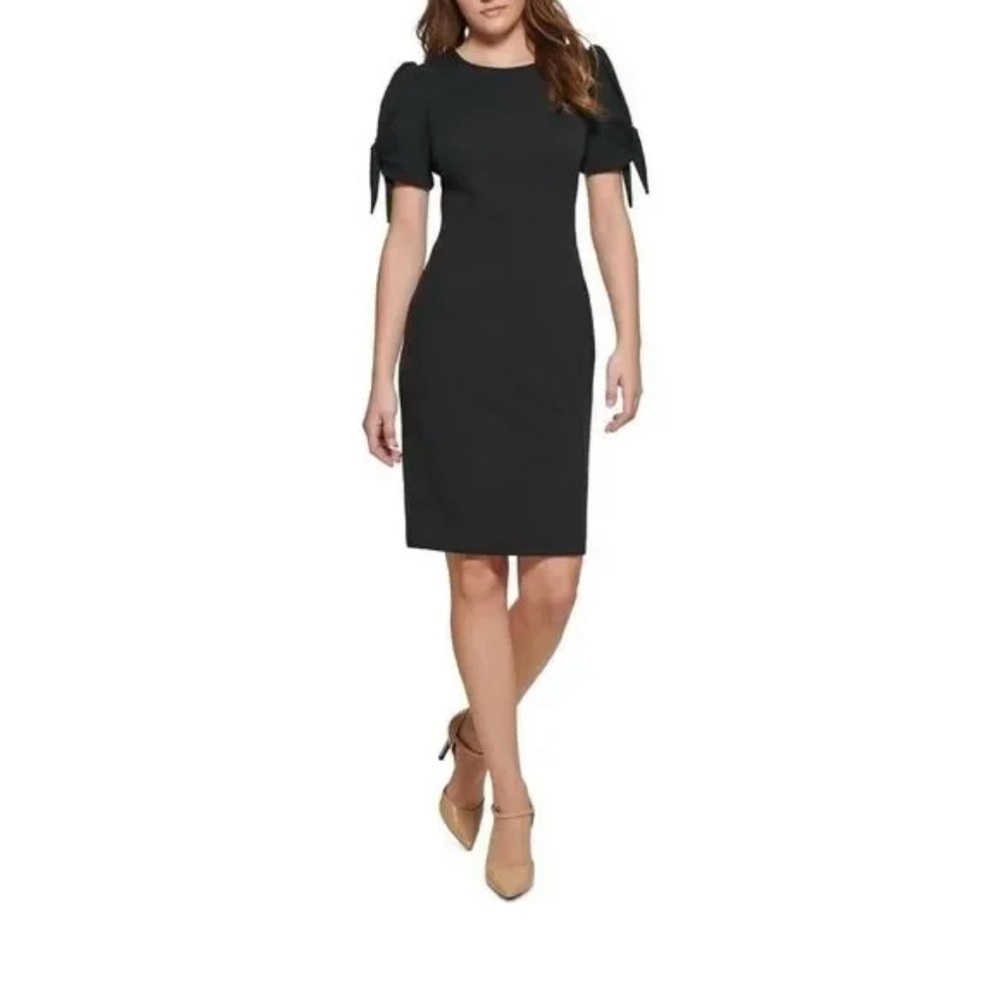 Calvin Klein Black Tie Front Puff Sleeve Sheath Dress